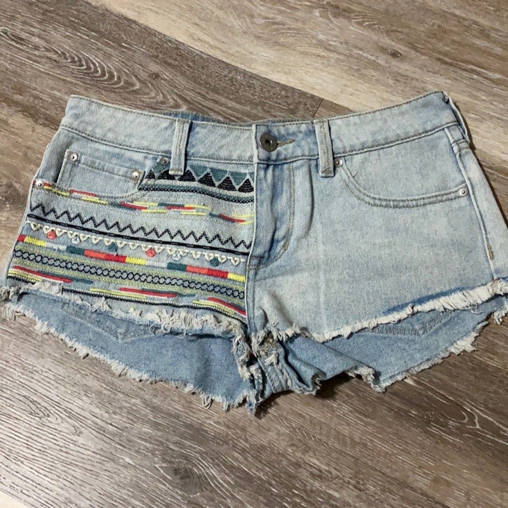 Low rise, Boho style jean shorts.
